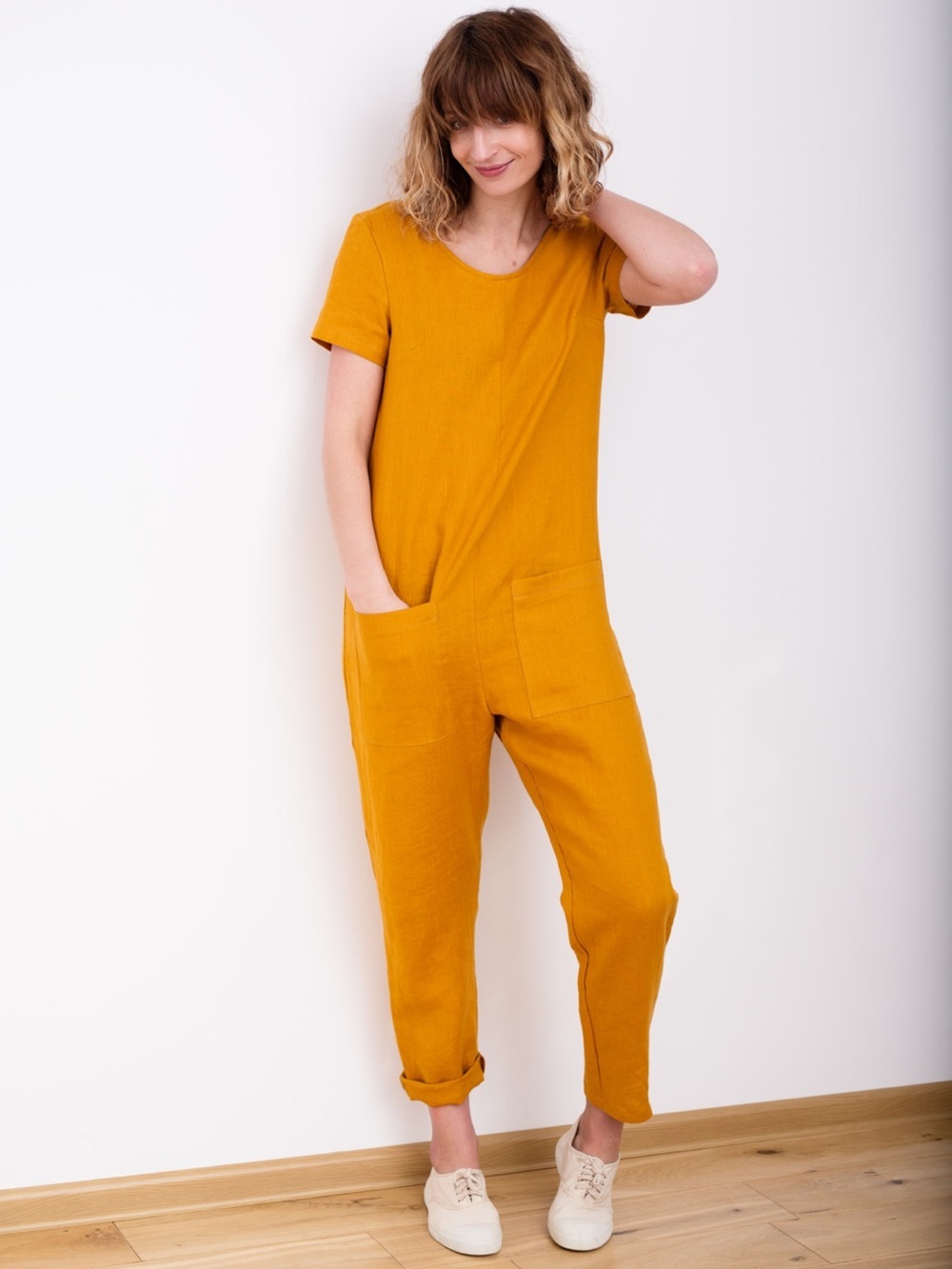 OFFON Classic Lagenlook Mustard Short Sleeve 100% Linen Summer Jumpsuit Romper